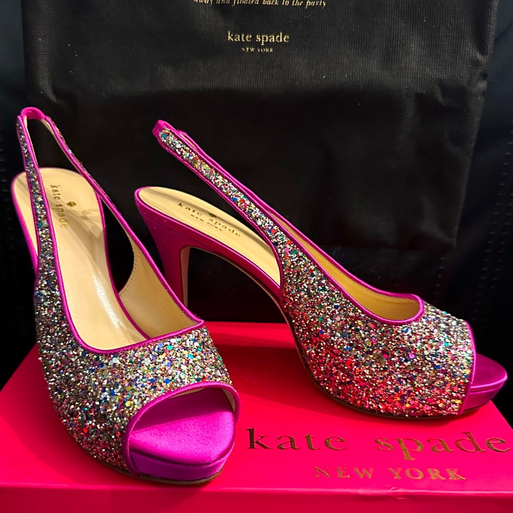 KATE SPADE GLITZY MULTI GLITTER FUCHSIA PLATFORM HEELS | NIB | AUTHENTIC RARE
